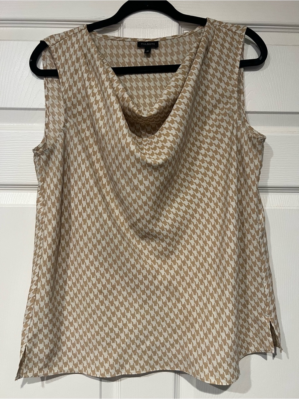 Talbots Beige and White Houndstooth Cowl Neck Sleeveless Top
